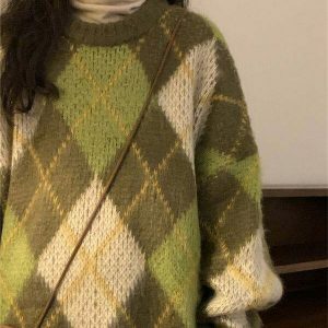 Trendy Y2K Green Argyle Sweater - Cozy Cream Cropped Style with Unique Aesthetic Design