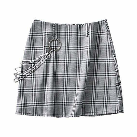 Trendy Y2K Grey Cargo Chain Skirt with Drawstring and Silver Chain Details for Stylish Looks