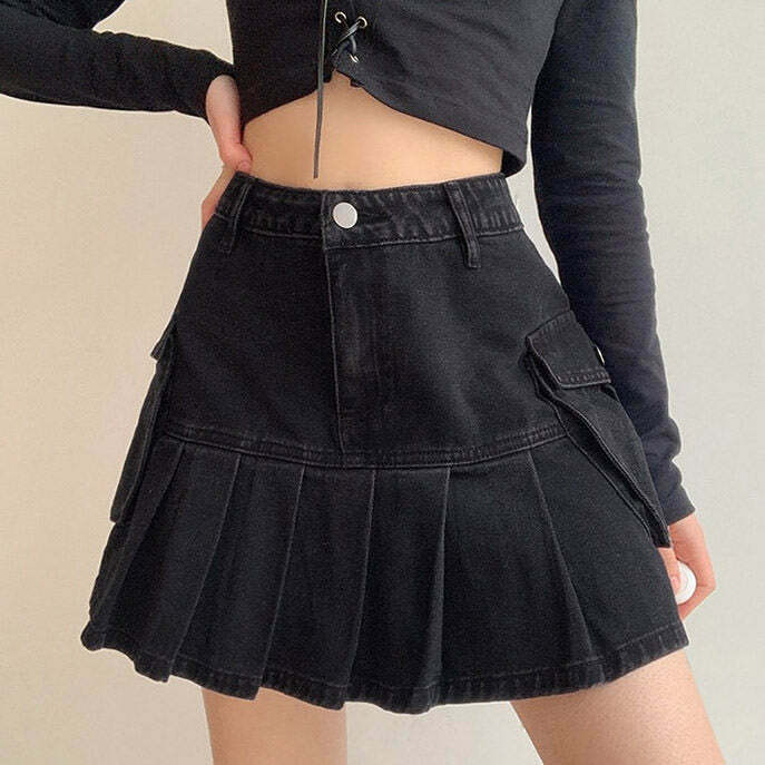 Trendy Y2K Grey Cargo Denim Skirt with Drawstring - Stylish Emo Bubble Skirt for Fashionistas