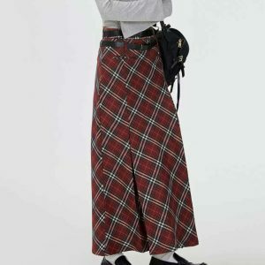 Trendy Y2K Grey Plaid Maxi Skirt with Drawstring, Perfect for Emo and Casual Styles