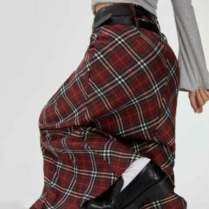 Trendy Y2K Grey Plaid Maxi Skirt with Drawstring, Perfect for Emo and Casual Styles