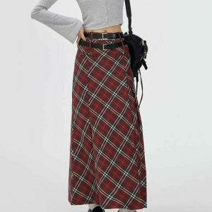 Trendy Y2K Grey Plaid Maxi Skirt with Drawstring, Perfect for Emo and Casual Styles