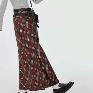 Trendy Y2K Grey Plaid Maxi Skirt with Drawstring, Perfect for Emo and Casual Styles