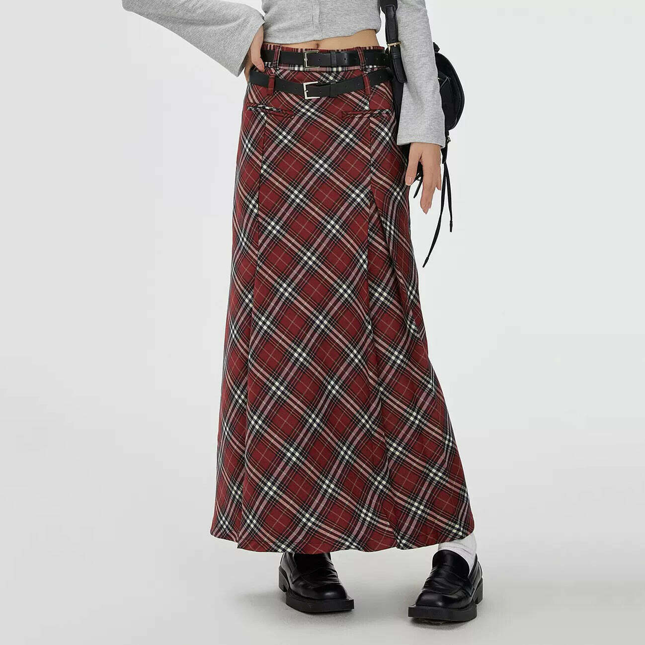 Trendy Y2K Grey Plaid Maxi Skirt with Drawstring, Perfect for Emo and Casual Styles