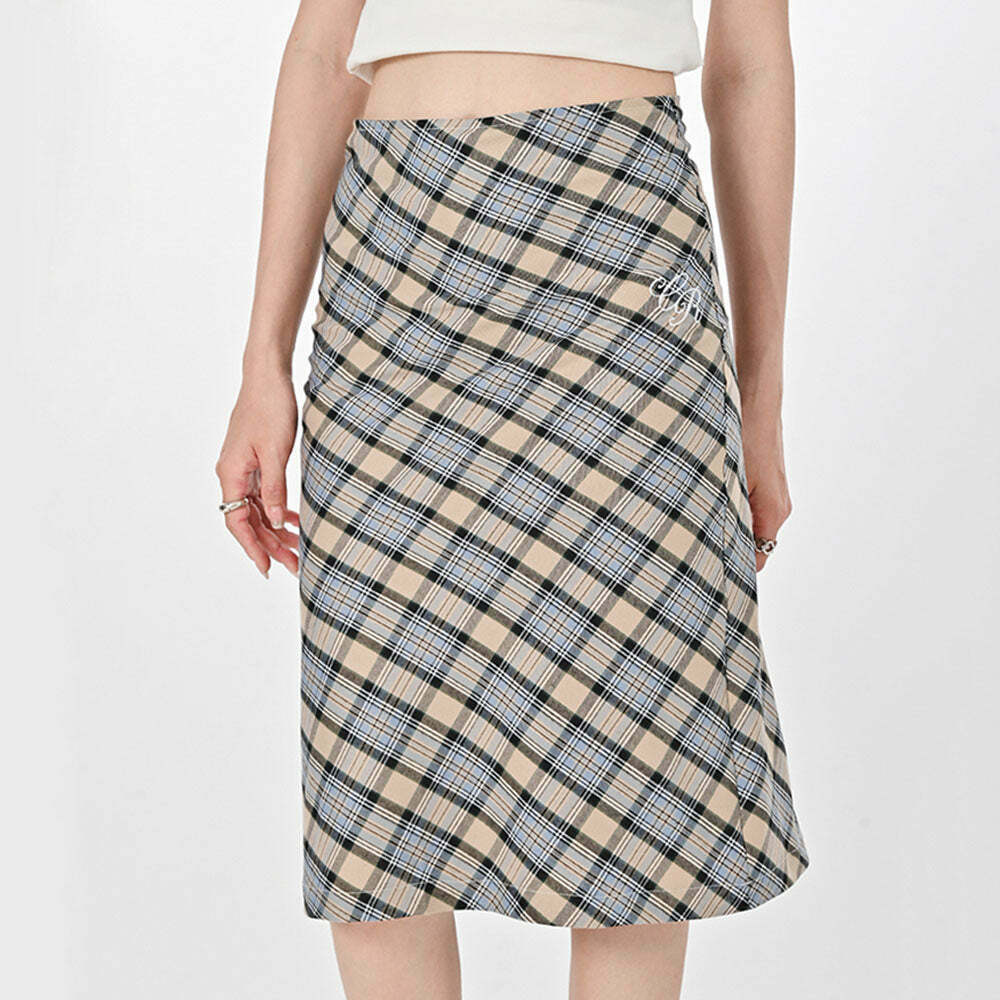 Trendy Y2K Grey Plaid Midi Skirt with Drawstring - Stylish Cargo & Bubble Skirt Design