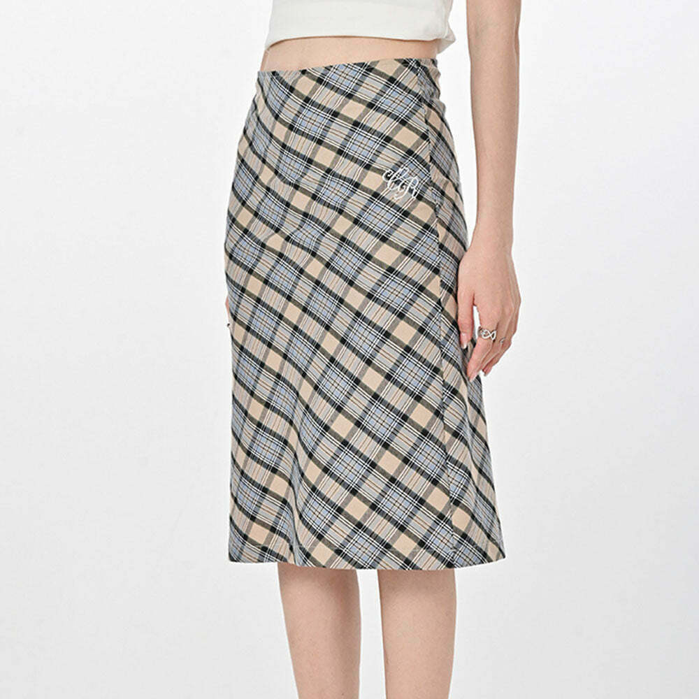 Trendy Y2K Grey Plaid Midi Skirt with Drawstring - Stylish Cargo & Bubble Skirt Design