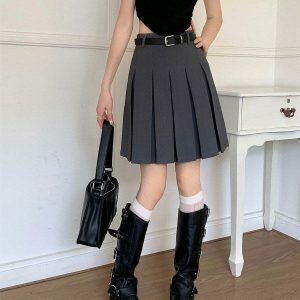 Trendy Y2K Grey Pleated Skirt with Drawstring - Stylish Cargo & Emo Bubble Skirt