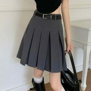 Trendy Y2K Grey Pleated Skirt with Drawstring - Stylish Cargo & Emo Bubble Skirt