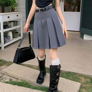 Trendy Y2K Grey Pleated Skirt with Drawstring - Stylish Cargo & Emo Bubble Skirt