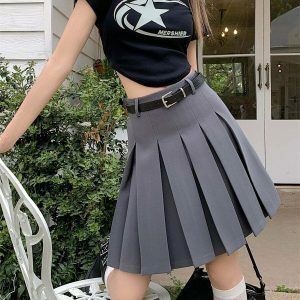 Trendy Y2K Grey Pleated Skirt with Drawstring - Stylish Cargo & Emo Bubble Skirt