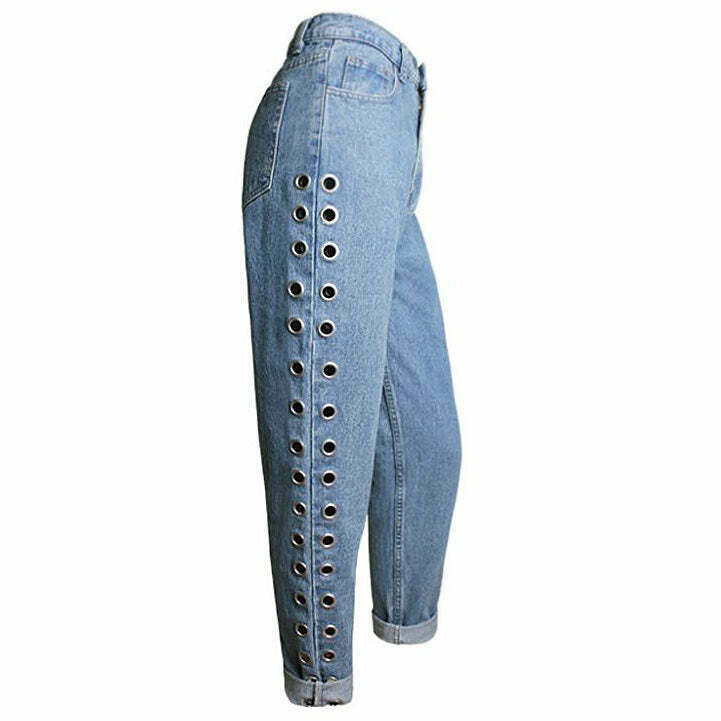 Trendy Y2K Grommet Jeans with Star Patch and Ripped Details for a Stylish Look