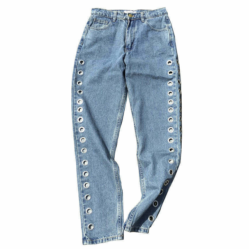 Trendy Y2K Grommet Jeans with Star Patch and Ripped Details for a Stylish Look