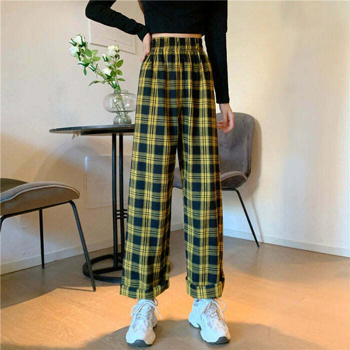 Trendy Y2K Grunge Aesthetic Plaid Pants in Vibrant Orange with Stylish Rivet Details