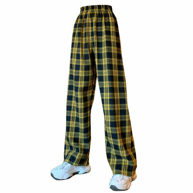 Trendy Y2K Grunge Aesthetic Plaid Pants in Vibrant Orange with Stylish Rivet Details