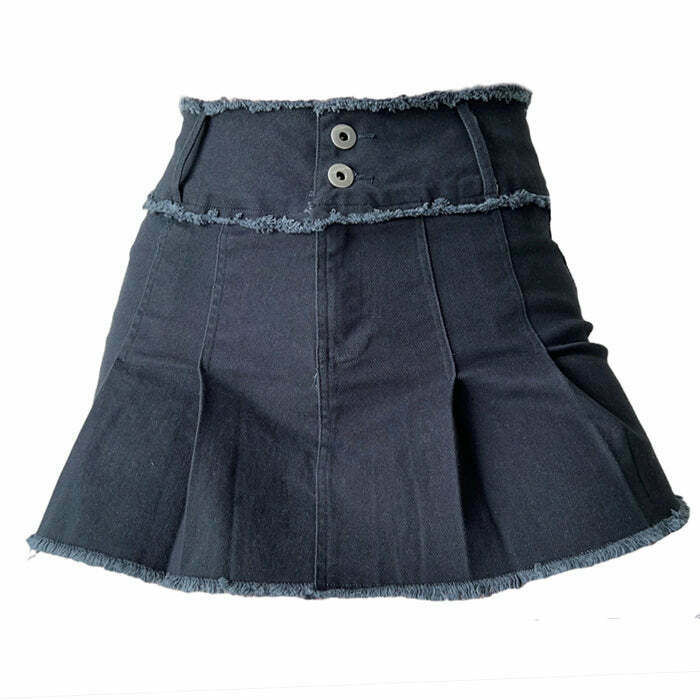 Trendy Y2K Grunge Denim Pleated Skirt with Drawstring Detail for Effortless Style