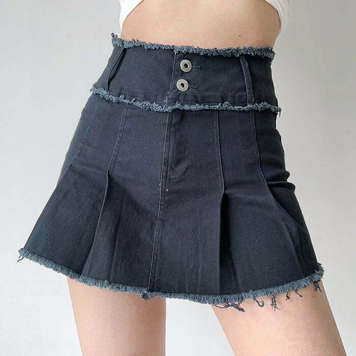 Trendy Y2K Grunge Denim Pleated Skirt with Drawstring Detail for Effortless Style