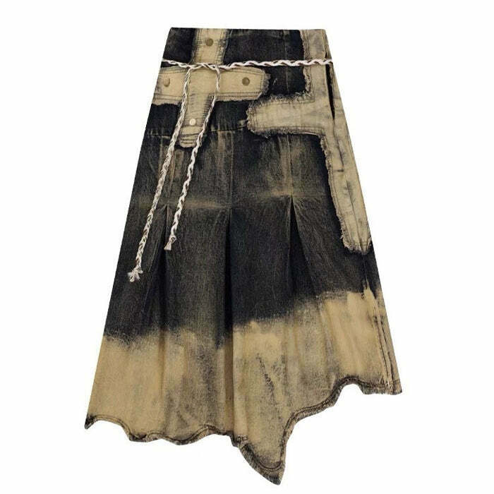 Trendy Y2K Grunge Washed Long Denim Skirt with Drawstring - Stylish Grey Cargo Design