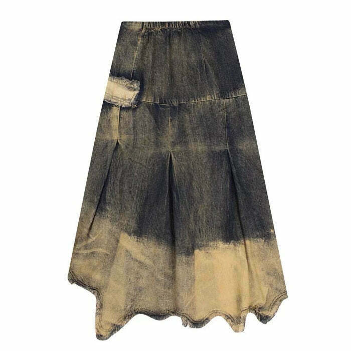 Trendy Y2K Grunge Washed Long Denim Skirt with Drawstring - Stylish Grey Cargo Design