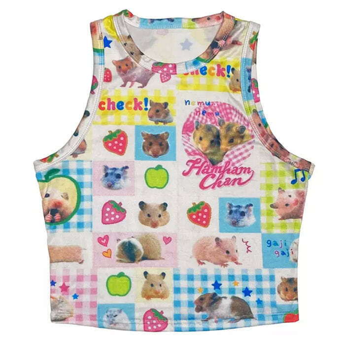 Trendy Y2K Hamster Print Baby Tee with Bow Detail - Vintage Style for Fashion Lovers