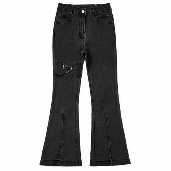 Trendy Y2K Heart Flare Jeans with Star Patch Detail - Stylish Low Rise Baggy Fit