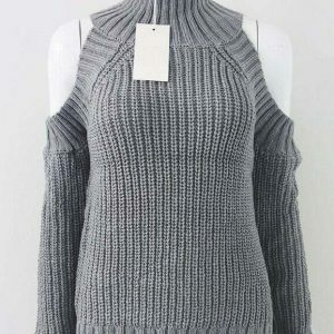 Trendy Y2K High Neck Cold Shoulder Jumper in Green - Cozy Cable Knit Style with Pockets