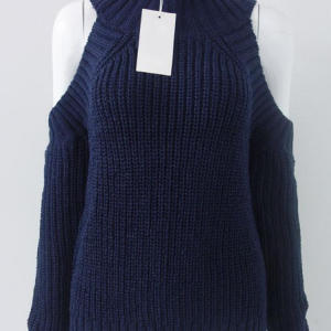 Trendy Y2K High Neck Cold Shoulder Jumper in Green - Cozy Cable Knit Style with Pockets