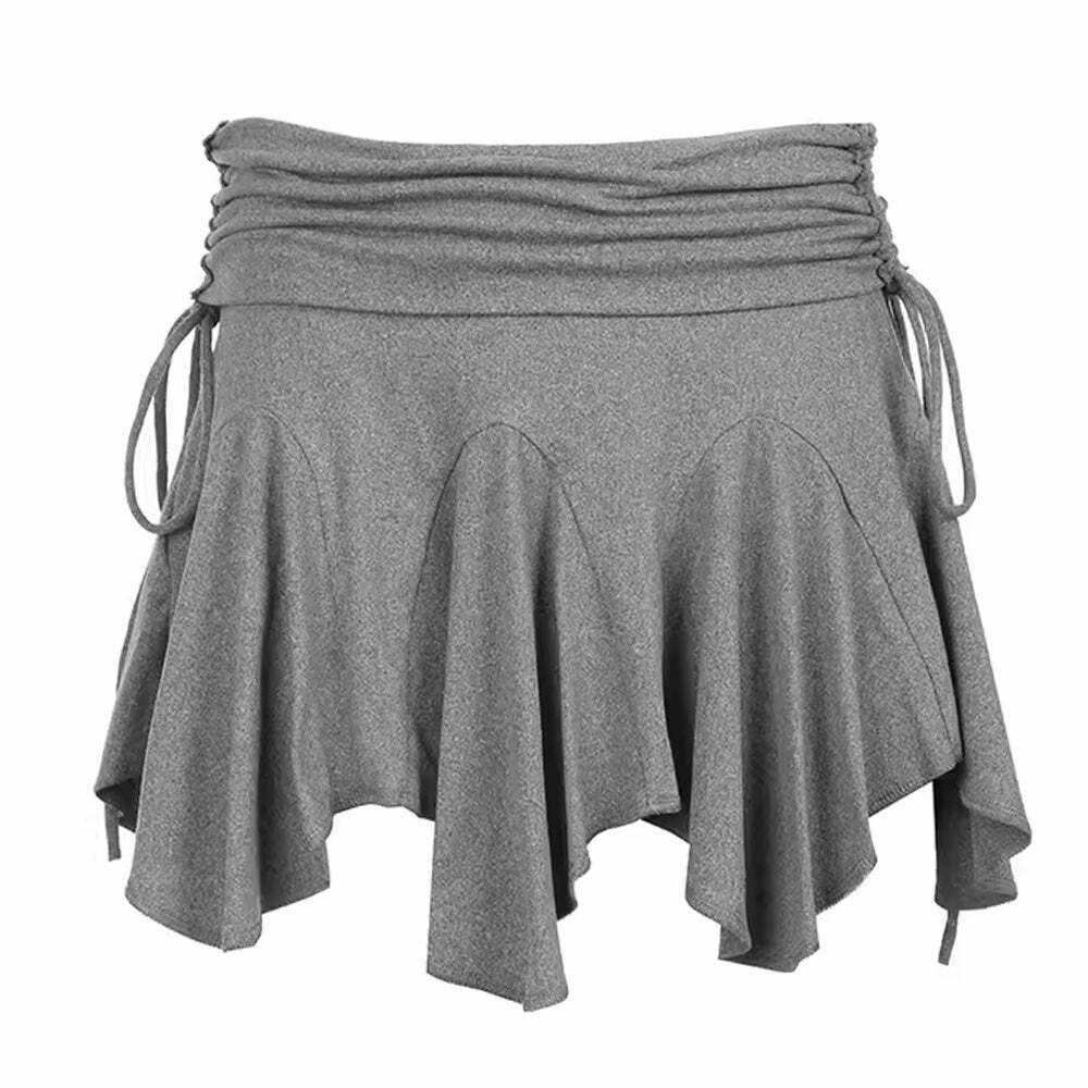 Trendy Y2K High School Crush Mini Skirt - Grey Cargo Drawstring & Pleated Design