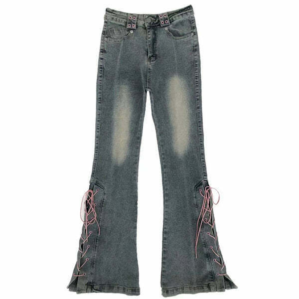 Trendy Y2K Lace Up Flared Jeans with Star Patch and Ripped Details for a Chic Look