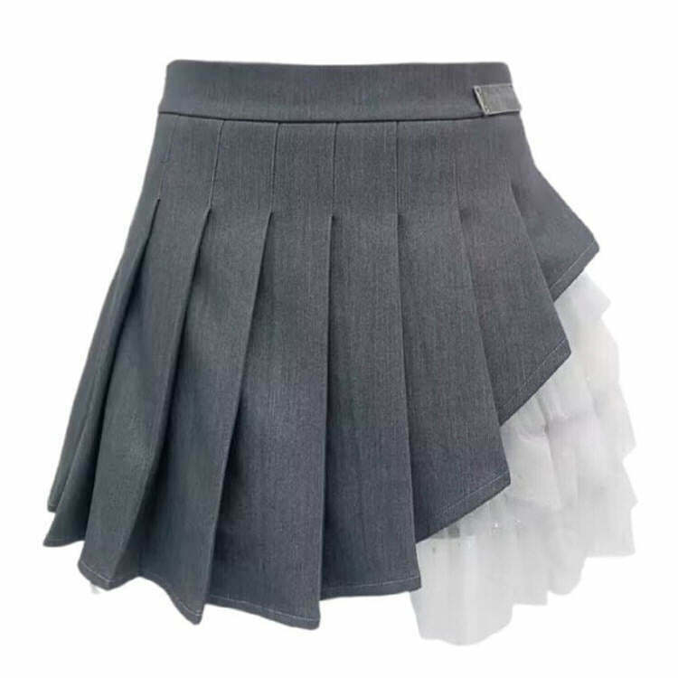 Trendy Y2K Layered Gray Cargo Skirt with Drawstring and Pleated Bubble Design