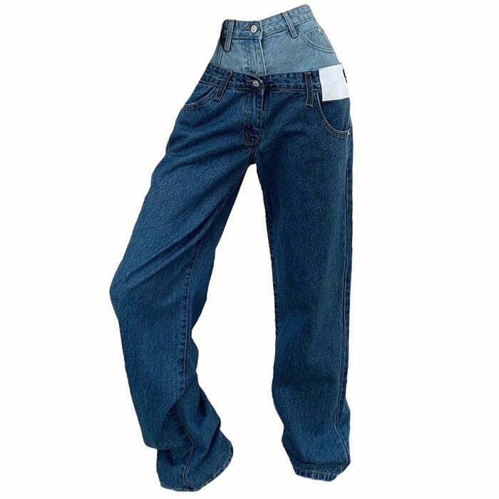 Trendy Y2K Layered Jeans with Star Patch and Ripped Details for a Stylish Look