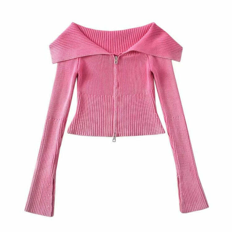 Trendy Y2K Off-Shoulder Zip-Up Top in Soft Fabric - Chic Layering Essential for Fashionistas