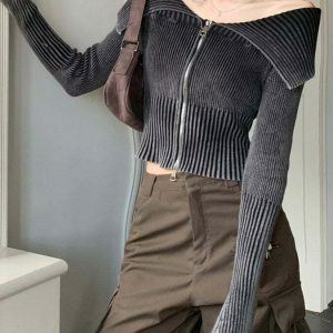 Trendy Y2K Off-Shoulder Zip-Up Top in Soft Fabric - Chic Layering Essential for Fashionistas