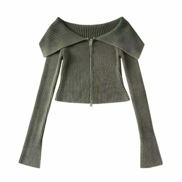 Trendy Y2K Off-Shoulder Zip-Up Top in Soft Fabric - Chic Layering Essential for Fashionistas