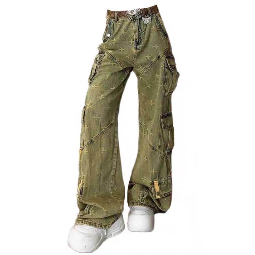 Trendy Y2K Orange Cargo Pants with Rivets - Stylish Star Print & Comfortable Fit