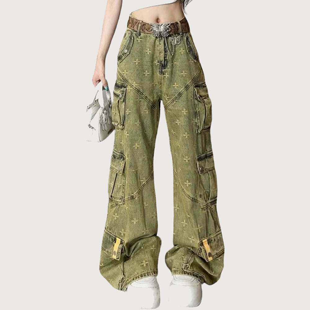 Trendy Y2K Orange Cargo Pants with Rivets - Stylish Star Print & Comfortable Fit