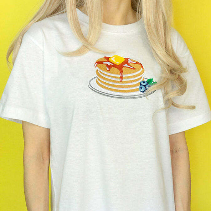 Trendy Y2K Pancakes T-Shirt in Soft 95% Cotton & 5% Spandex - Perfect for Gyaru Fashion