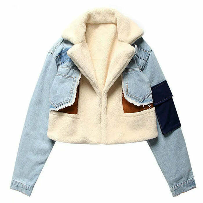 Trendy Y2K Patchwork Denim Cropped Jacket - Stylish Baggy Design for Effortless Fashion