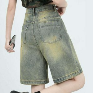 Trendy Y2K Patchwork Denim Shorts with Rhinestone Fringe - Stylish Old Money Vibe