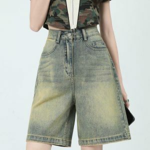 Trendy Y2K Patchwork Denim Shorts with Rhinestone Fringe - Stylish Old Money Vibe