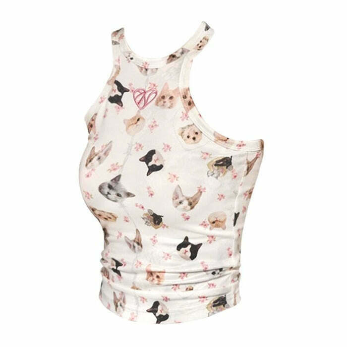 Trendy Y2K Pets Print Crop Top with Bow Tie Detail - Stylish Fairy-Inspired Design