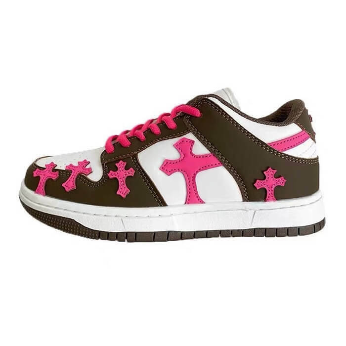 Trendy Y2K Pink & Brown Cross Sneakers with Heart Design - Stylish & Comfortable Footwear