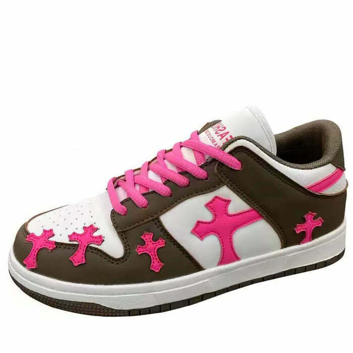 Trendy Y2K Pink & Brown Cross Sneakers with Heart Design - Stylish & Comfortable Footwear