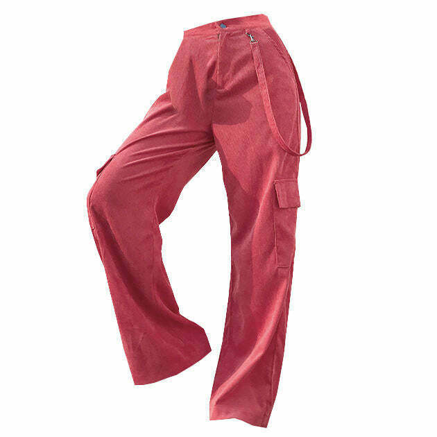 Trendy Y2K Pink Cord Cargo Pants with Rivets - Stylish and Comfortable Streetwear