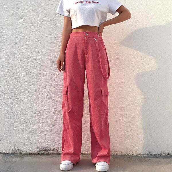 Trendy Y2K Pink Cord Cargo Pants with Rivets - Stylish and Comfortable Streetwear