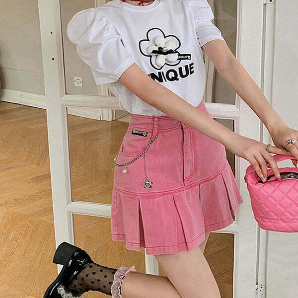 Trendy Y2K Pink Denim Skirt with Distressed Details for a Retro Fashion Statement