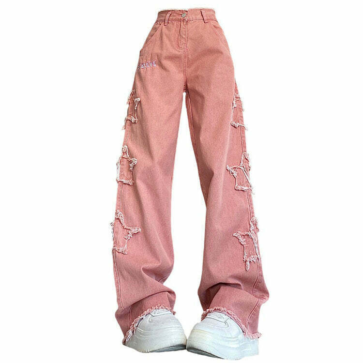 Trendy Y2K Pink Star Jeans with Distressed Details for a Retro Fashion Statement