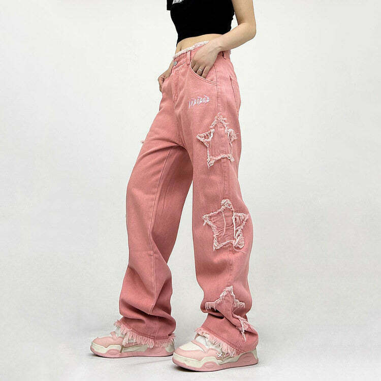 Trendy Y2K Pink Star Jeans with Distressed Details for a Retro Fashion Statement