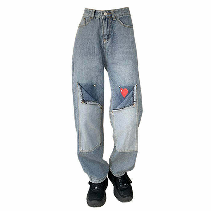 Trendy Y2K Pixel Heart Wide Jeans with Stacked Rips - Stylish Baggy Denim for Men