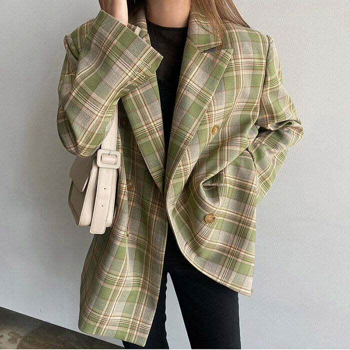 Trendy Y2K Plaid Jacket - Stylish Baggy Design with Chic Color Block & Varsity Vibes