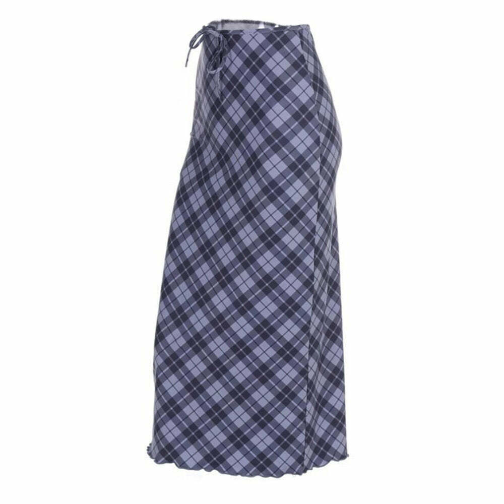 Trendy Y2K Plaid Maxi Skirt with Drawstring, Grey Cargo Style for a Chic Emo Look